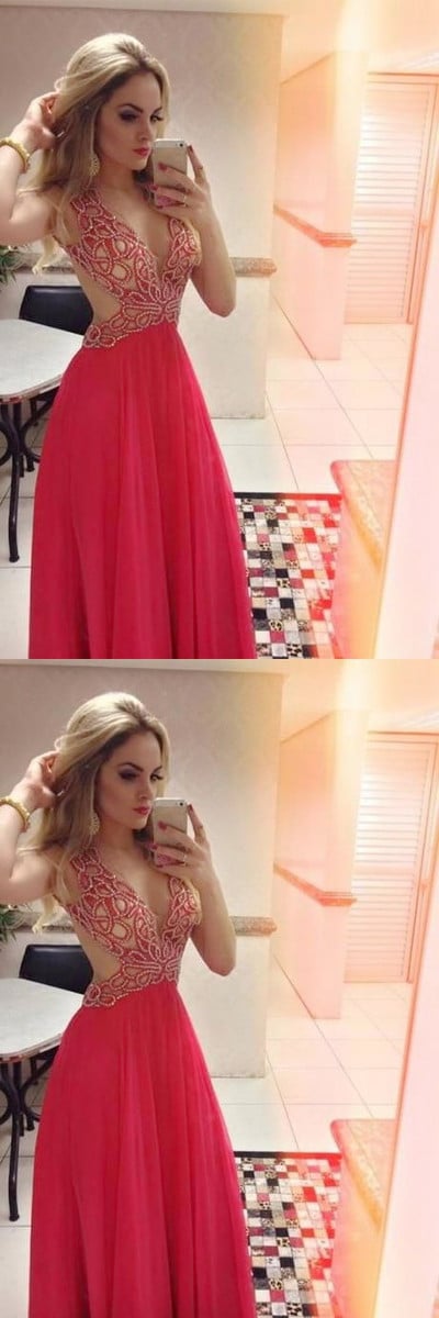 Sexy Deep V-neck Red Backless Sleeveless Long Prom Dress Sexy Evening Party Dress with Beading
