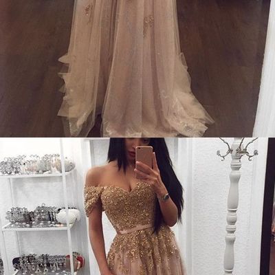 Elegant gold lace beaded sweetheart tulle prom dresses off-the-shoulder evening gowns - Thumbnail 5