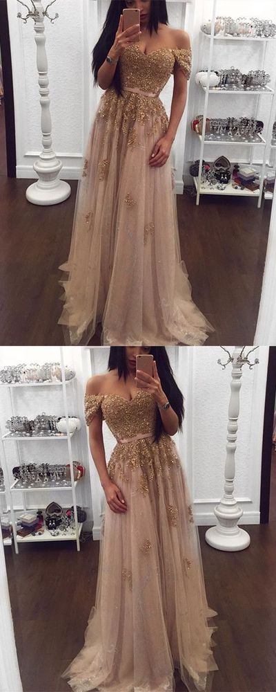 Elegant Gold Lace Beaded Sweetheart Tulle Prom Dresses Off-the-shoulder Evening Gowns