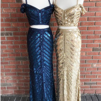 Navy Blue Off the Shoulder Mermaid Long prom Dresses Evening Party Dress with Sequins - Thumbnail 1
