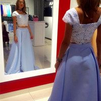 Elegant Two Piece Cap Sleeve Sweetheart A-line Light Blue Prom Party Dresses  - Thumbnail 1
