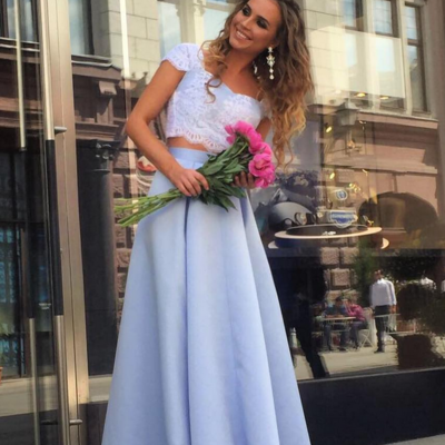 Elegant two piece cap sleeve sweetheart a-line light blue prom party dresses  - Thumbnail 5