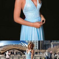 Blue Halter Deep V Neck Long Prom Party Dress with Beading - Thumbnail 1