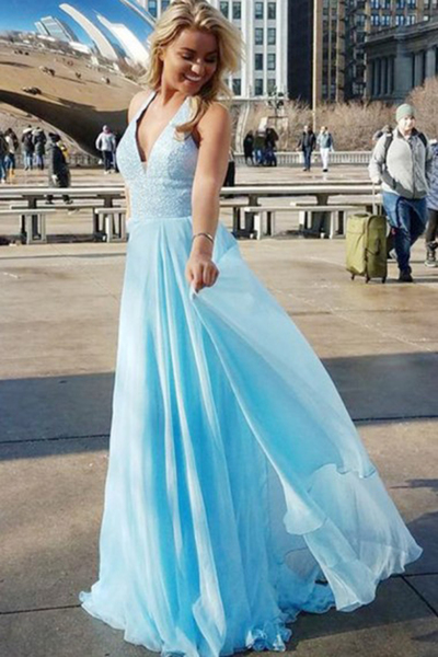 Blue Halter Deep V Neck Long Prom Party Dress with Beading