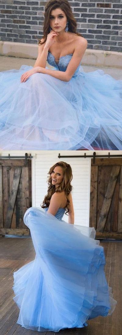 Blue V Neck Strapless Long Prom Party Dress Tulle Evening Dress