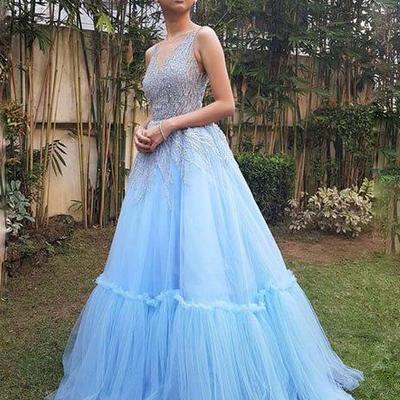 Princess sky blue a-line long tulle prom party dresses - Thumbnail 4