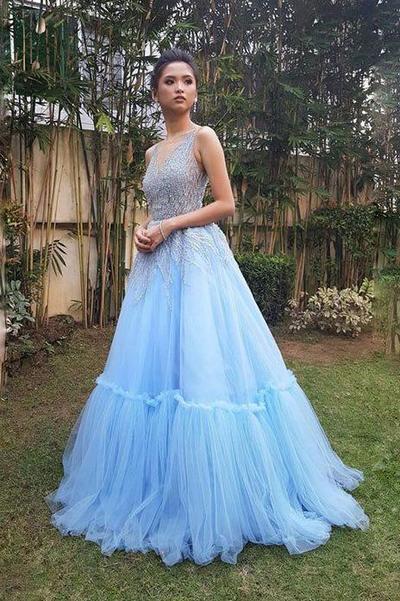 Princess Sky Blue A-line Long Tulle Prom Party Dresses