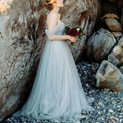 Off shoulder soft tulle long bridesmaid dresses - Thumbnail 5