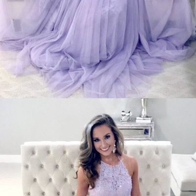 Elegant two piece halter lavender long beaded prom party dress with appliques - Thumbnail 5