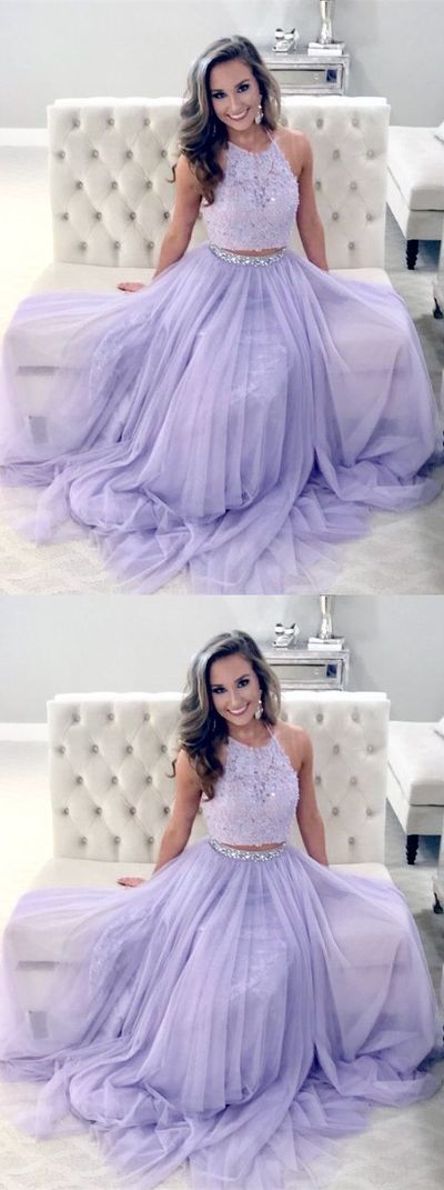 Elegant Two Piece Halter Lavender Long Beaded Prom party Dress with Appliques