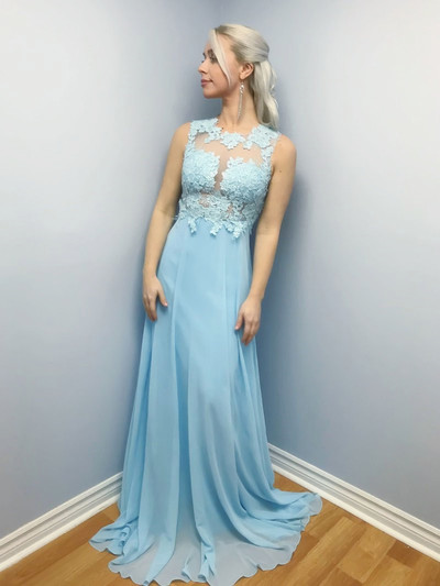 Long Sky Blue Formal Evening Dress Lace Bodice Cross Back Cheap Prom Dresses