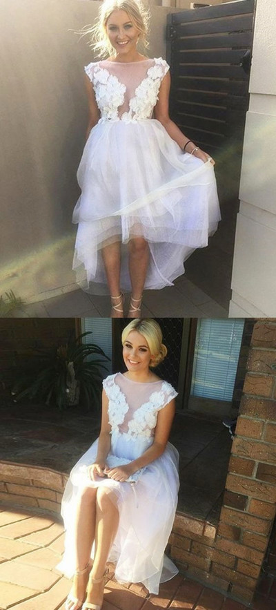 Cute Jewel Cap Sleeve Hi-Lo White Homecoming Dress Short Prom Dress