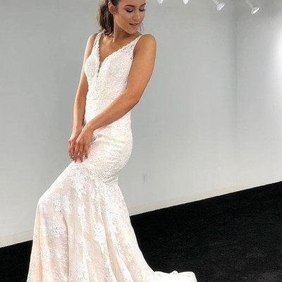 Mermaid champagne v neck lace long prom dress evening dress - Thumbnail 5