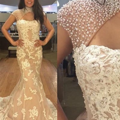 Modest mermaid prom dresses high neck cap sleeves long champagne formal evening dresses with beaded appliques - Thumbnail 4