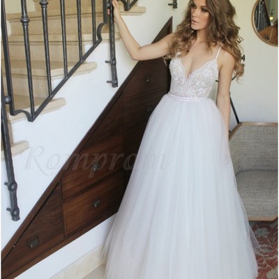 Spaghetti straps v neck a-line tulle wedding dresses - Thumbnail 4