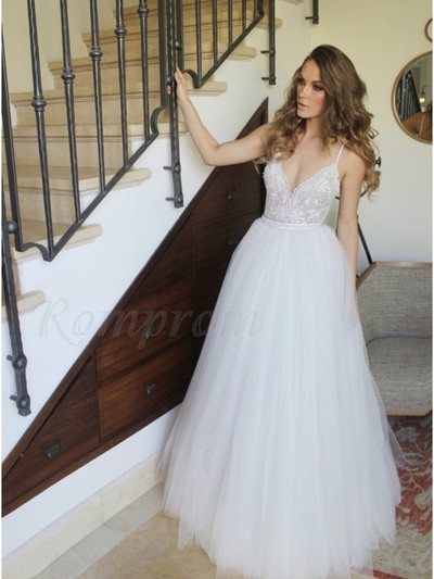Spaghetti Straps V Neck A-Line Tulle Wedding Dresses