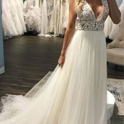 A-line deep v-neck sweep train beach wedding dress with lace - Thumbnail 5