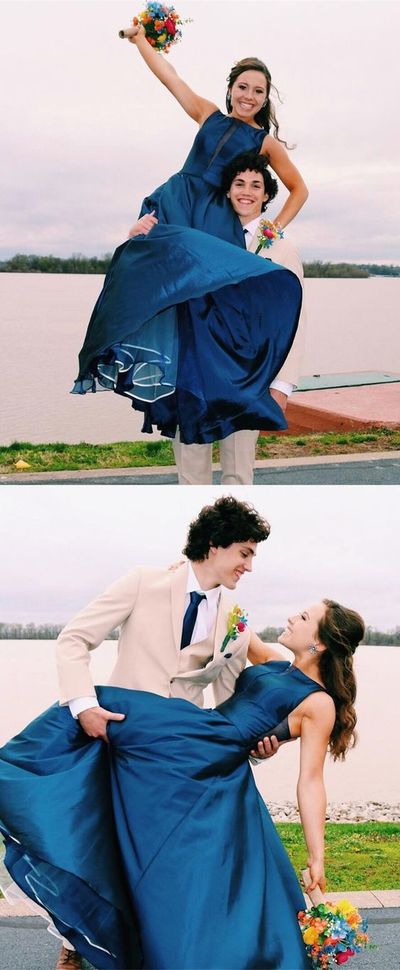 Elegant A-Line Bateau Open Back Floor-Length Dark Blue Prom Dress Evening Party Dresses