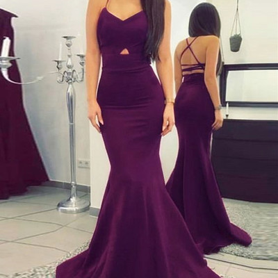 Sexy mermaid v-neck criss-cross straps sweep train purple prom dress - Thumbnail 5