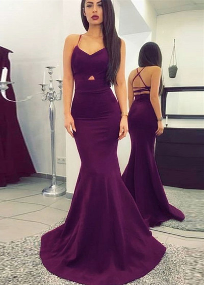 Sexy Mermaid V-Neck Criss-Cross Straps Sweep Train Purple Prom Dress
