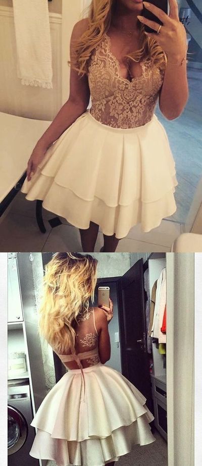 Chic Deep V Neck A-Line Short Homecoming Dress with Lace