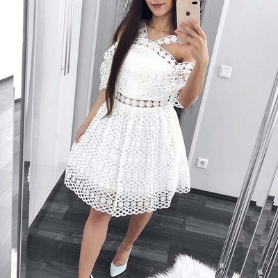 A-line halter off the shoulder white lace homecoming dress short prom dress - Thumbnail 4
