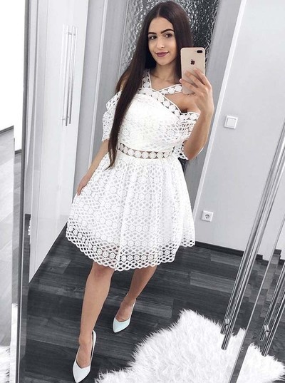 A-Line Halter Off the Shoulder White Lace Homecoming Dress Short Prom Dress