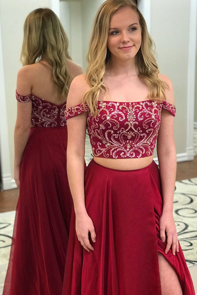 Off the Shoulder Two Piece Wine Long Prom Dress with Side Slit Beaded Evening Gown