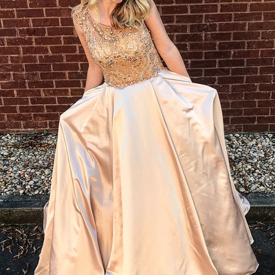 Luxurious beads champagne long prom dress evening gown with pockets - Thumbnail 5