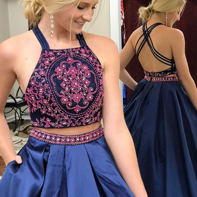 Gorgeous beads embroidery navy blue long prom dress with pockets - Thumbnail 5