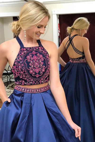 Gorgeous Beads Embroidery Navy Blue Long Prom Dress with Pockets
