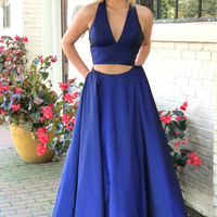 Simple Two Piece Halter Green Satin Long Prom Dresses with Pockets - Thumbnail 1