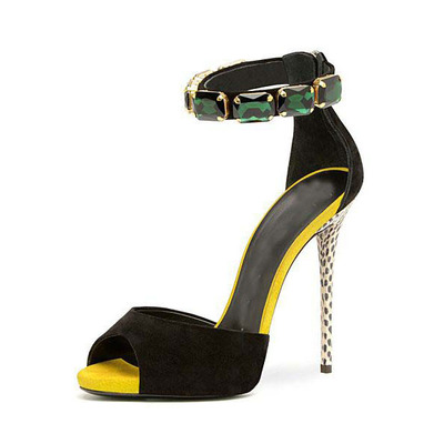 Rhinestone Patchwork Peep Toe Ankle Wrap Stiletto High Heel Sandals Q-0089