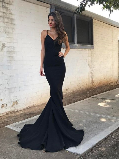 Elegant Straps Black Mermaid Long Prom Dresses Evening Dress with Train