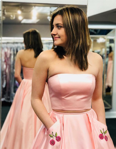 Pretty Pink Two Piece Satin Long Prom Dresses Evening Party Dress with Pockets