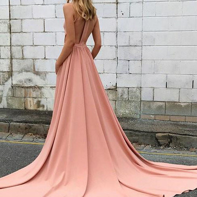 Unique high neck backless coral long prom dresses with train pockets evening party dresses - Thumbnail 4