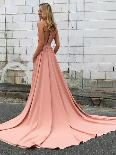 Unique High Neck Backless Coral Long Prom Dresses with Train Pockets Evening Party Dresses