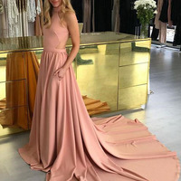 Unique High Neck Backless Coral Long Prom Dresses with Train Pockets Evening Party Dresses - Thumbnail 1