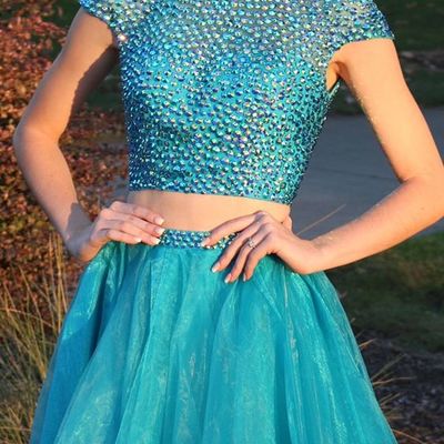 Luxurious two piece beaded open back peacock blue homecoming dress short prom dresses  - Thumbnail 4