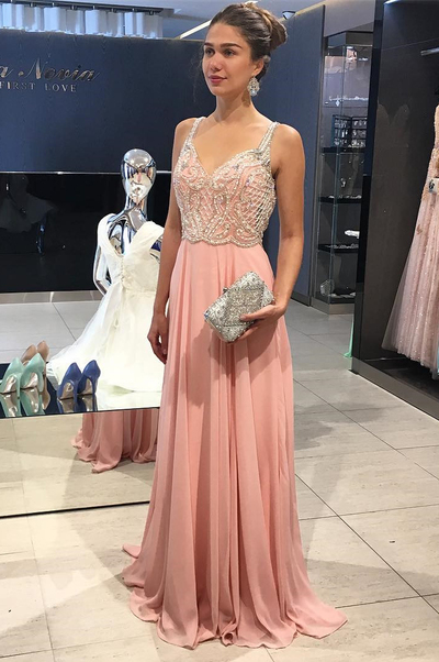 Gorgeous Straps V Neck Backless Long Chiffon Prom Dress Evening Party Dress with Beading
