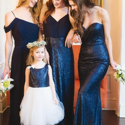 Elegant v neck navy blue long bridesmaid dress with sequins - Thumbnail 5
