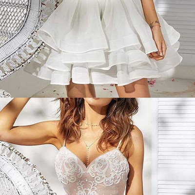 Cute spaghetti straps sweetheart white short prom dresses chiffon homecoming dresses with lace - Thumbnail 5
