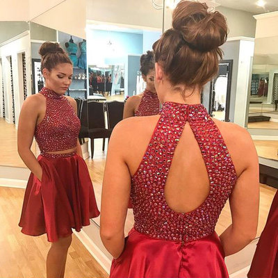 Pretty Halter Beaded Wine Short Homecoming Dress Prom Dress with Pockets
