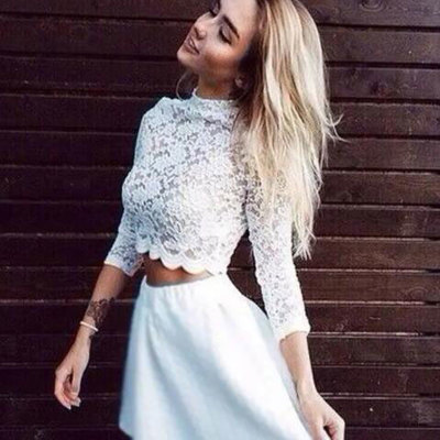 Cute two piece long sleeve white lace homecoming dress short prom dress - Thumbnail 5