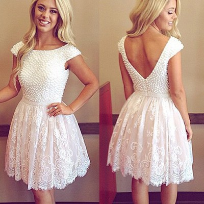 Cute boat neck cap sleeve white lace homecoming dress short prom dress with beading - Thumbnail 5