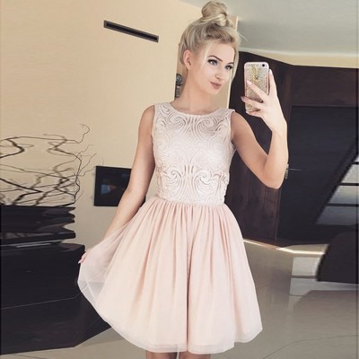 Pretty round neck light pink short homecoming dress lace cocktail party dress - Thumbnail 5