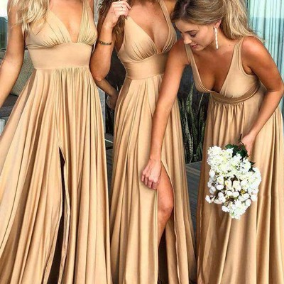 Sexy deep v neck side slit gold long bridesmaid dress with train - Thumbnail 5