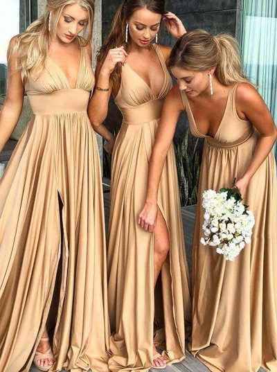 Sexy Deep V Neck Side Slit Gold Long Bridesmaid Dress with Train