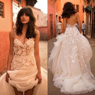 Cute Fairy A Line V Neck Spaghetti Straps Backless Ivory Tulle Wedding Dress with Applique,2018 New Beach Wedding Dress