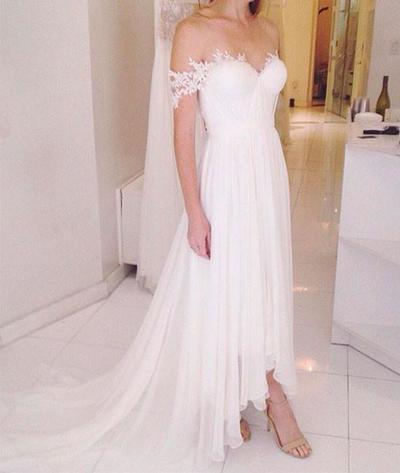 Gorgeous A Line Off the Shoulder White Chiffon Wedding Dress with Applique, Fairy Court Train Chiffon Beach Wedding Dress